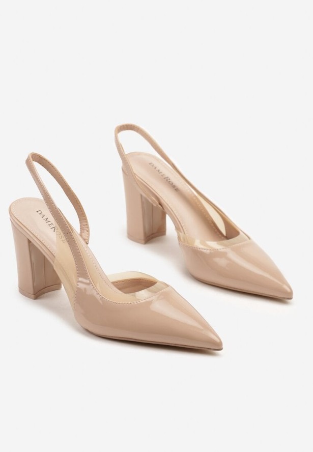 Beżowe Lakierowane Sandały na Obcasie z Odkrytą Piętą Finzedi