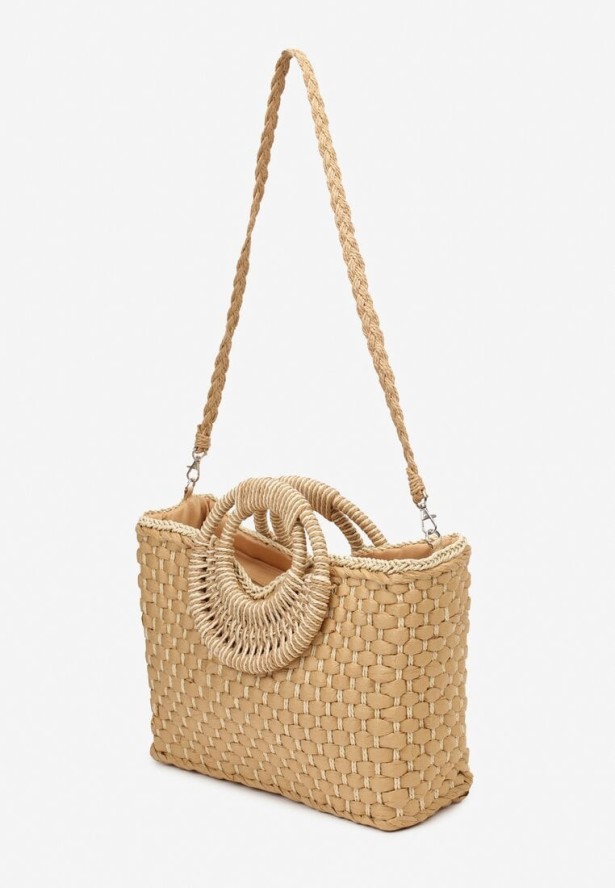 Beżowa Pleciona Torebka z Rączkami i Paskiem na Ramię Asax