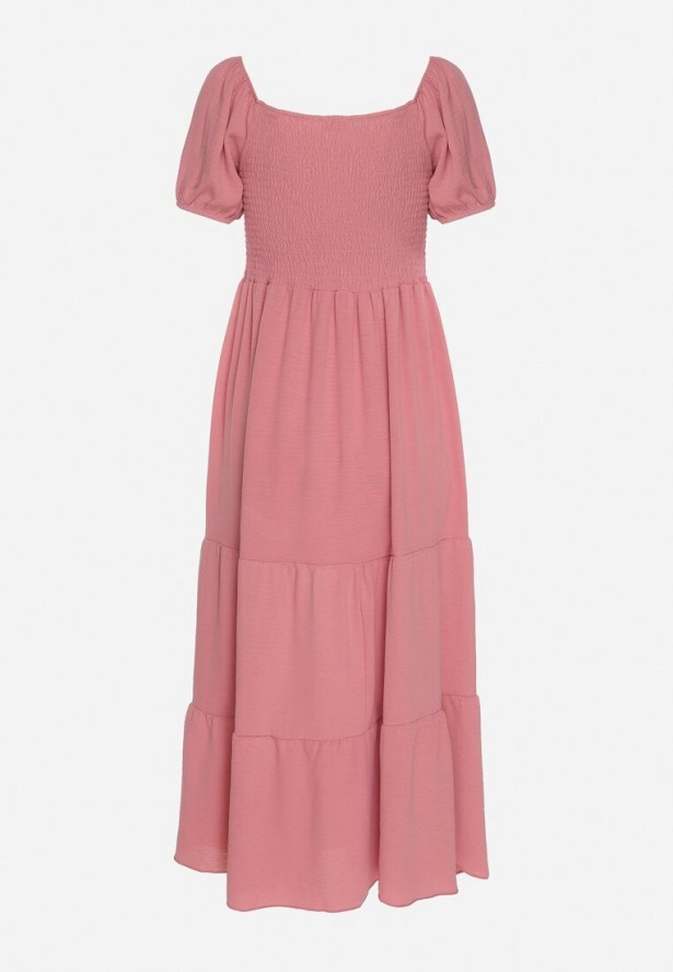 Ciemnoróżowa Rozkloszowana Sukienka z Dekoltem Typu Hiszpanka z Marszczeniem Lumorice