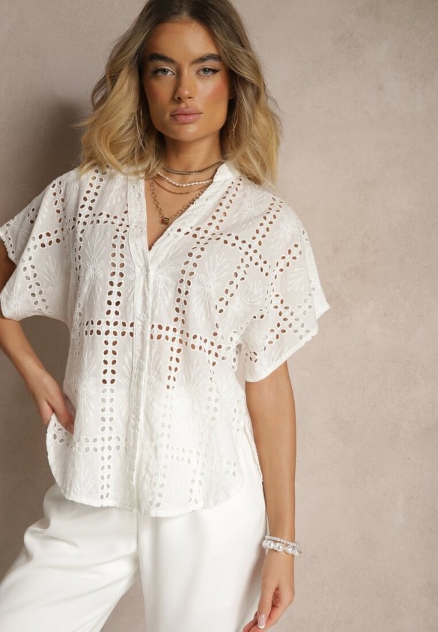 Biała Koszula z Bawełny z Ażurowym Wzorem Telannia