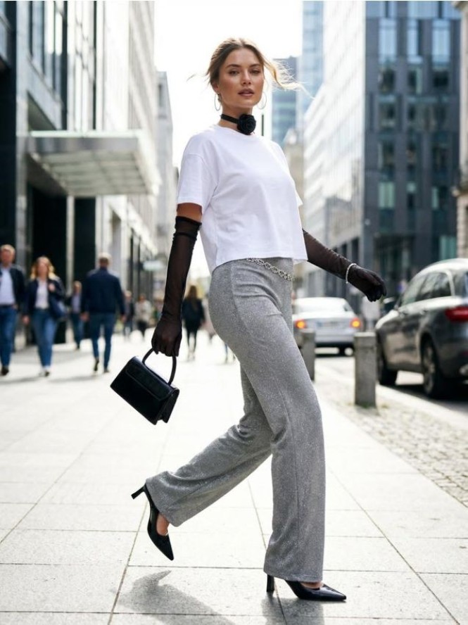 Spodnie wide leg - srebrny