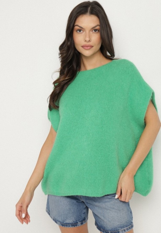 Zielona Kamizelka Narzutka z Moherem Wiązana z Przodu Vikilana