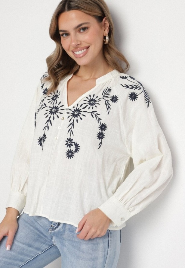 Beżowo-Granatowa Bluzka z Wiskozy z Ozdobnym Haftem Erinova