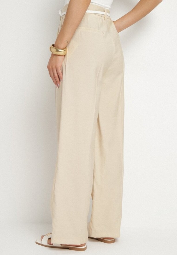 Jasnobeżowe Spodnie o Garniturowym Kroju z Szeroką Nogawką i Wysokim Stanem Efrimera