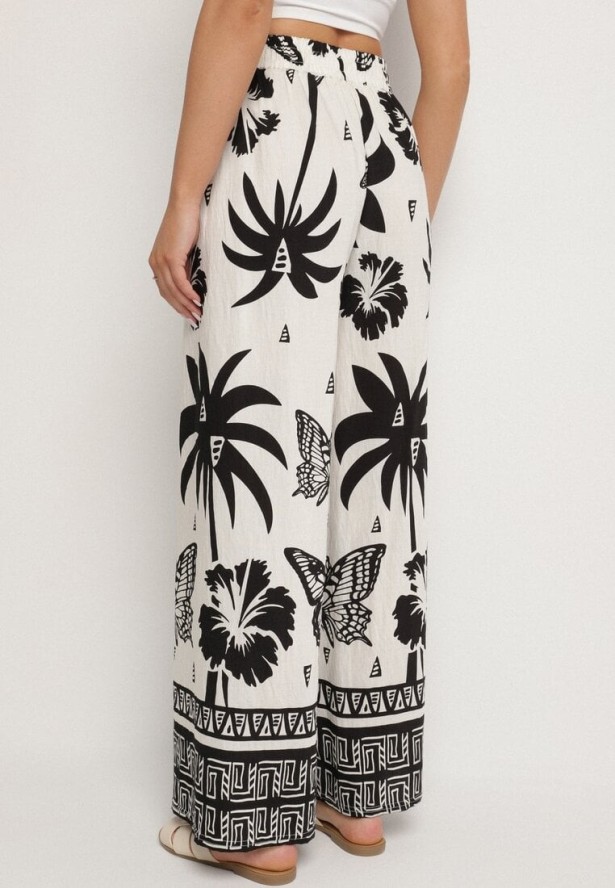 Czarno-Beżowe Spodnie z Tropikalnym Wzorem i Szerokimi Nogawkami Emivelli