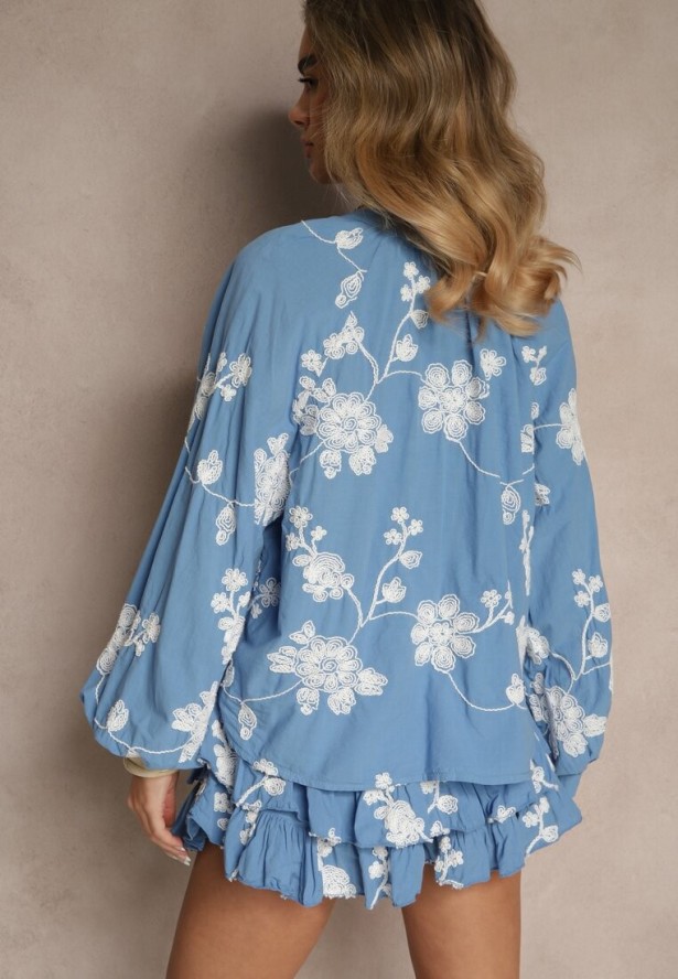 Niebieski Komplet z Bawełny Spódnico-Spodenki i Koszula z Szerokimi Rękawami Savalene