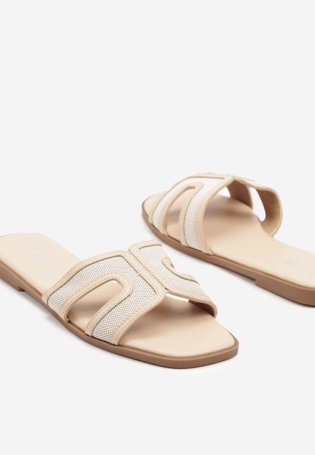 Beżowe Klapki Zdobione Tweedem i Wycięciami Forria