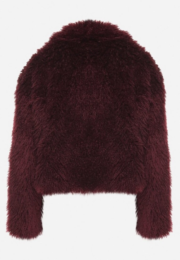 Bordowa Kurtka Futrzana o Krótkim Kroju z Szerokim Kołnierzem Riveti