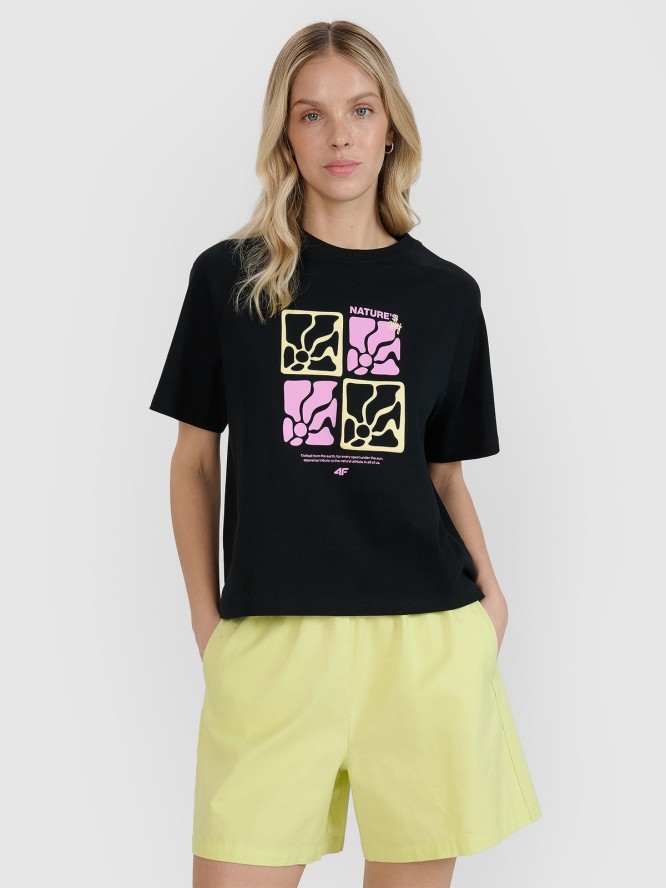 4F T-shirt oversize z nadrukiem damski - czarny XS