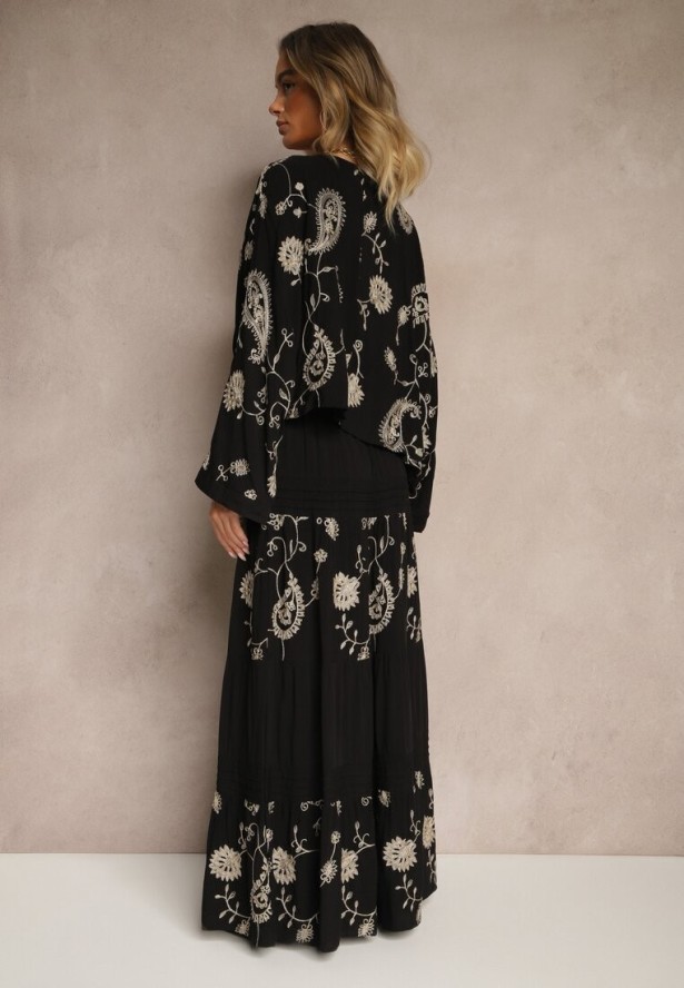 Czarny Wiskozowy Komplet Boho z Koszulą o Nietoperzowym Kroju i Spódnicą Separia