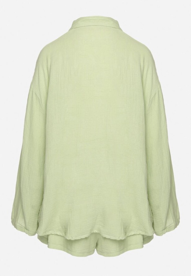 Jasnozielony Bawełniany Komplet Koszula z Regulowanymi Rękawami i Szorty Eleadelle