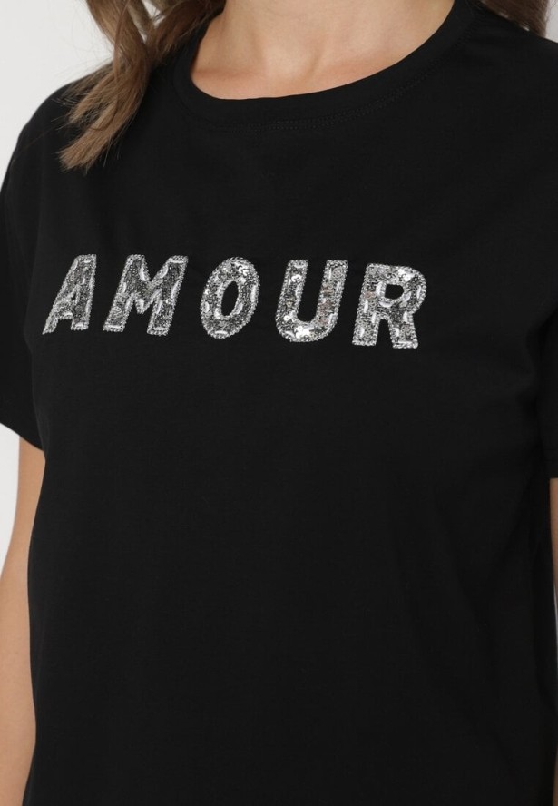 Czarny T-shirt z Bawełny Ozdobiony Haftowanym Napisem z Cekinami Marisiana