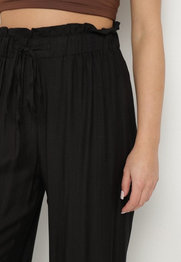 Czarne Szerokie Spodnie z Wysokim Stanem Ozdobione Wiązaniem Teliriela