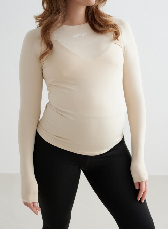 Damski top sportowy z długim rękawem ciążowy, szybkoschnący Soft Basic beżowy