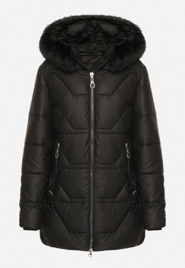 Czarna Taliowana Kurtka Pikowana z Kapturem z Futrem Nalaseva