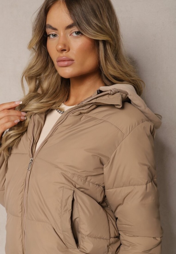 Ciemnobeżowa Kurtka Pikowana Wykończona Kapturem Aviatoria