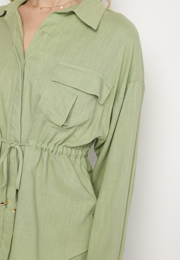 Zielony Komplet z Wiskozą Koszula Ściągana w Talii i Szerokie Spodnie Divellara