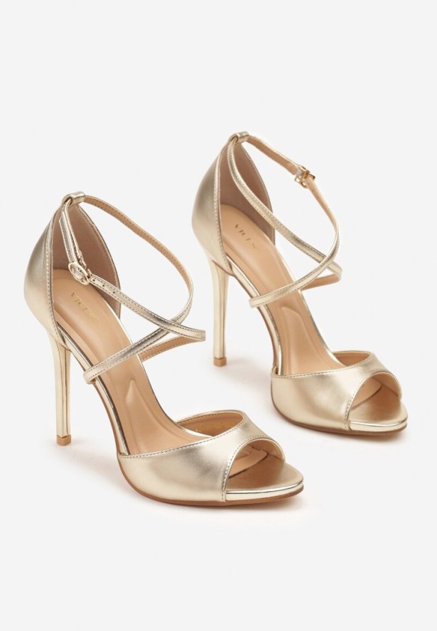 Złote Sandały na Szpilce Vices z Ozdobnymi Paskami Saroine