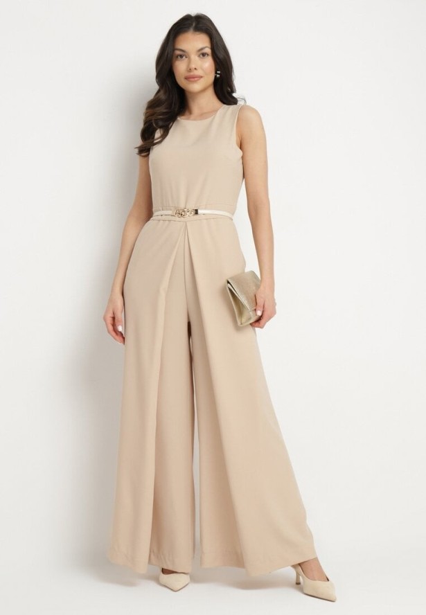 Beżowy Kombinezon Bez Rękawów z Szerokimi Nogawkami i Kieszeniami Veleldia