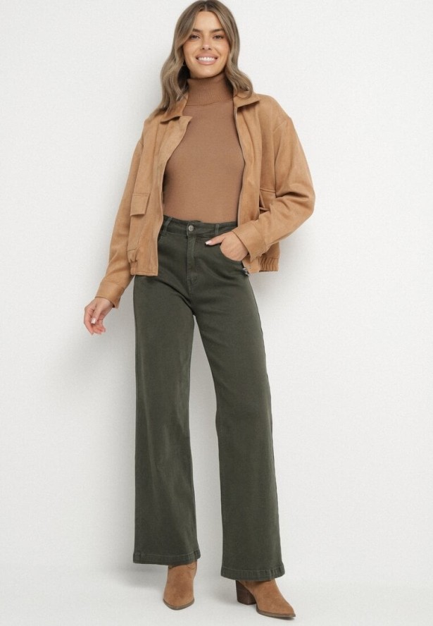 Ciemnozielone Bawełniane Jeansy o Szerokim Kroju Violine