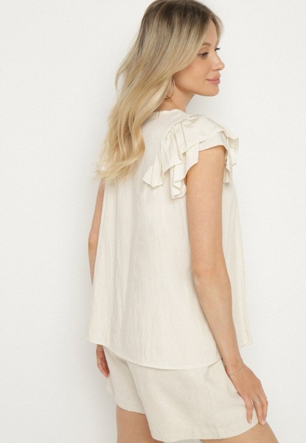 Jasnobeżowa Bluzka z Wiskozą Ozdobiona Falbankami Divestra