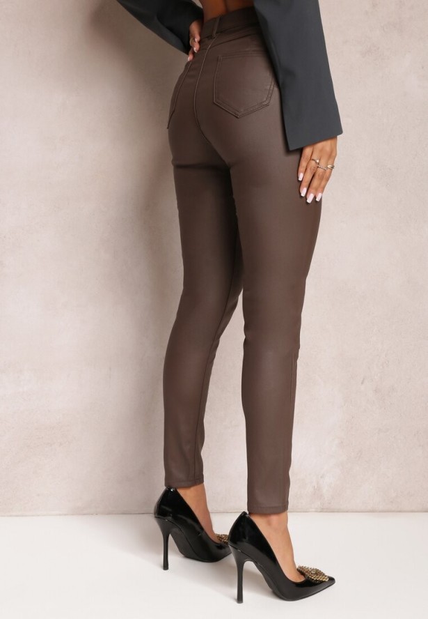 Brązowe Spodnie Skinny z Ekoskóry Operwena