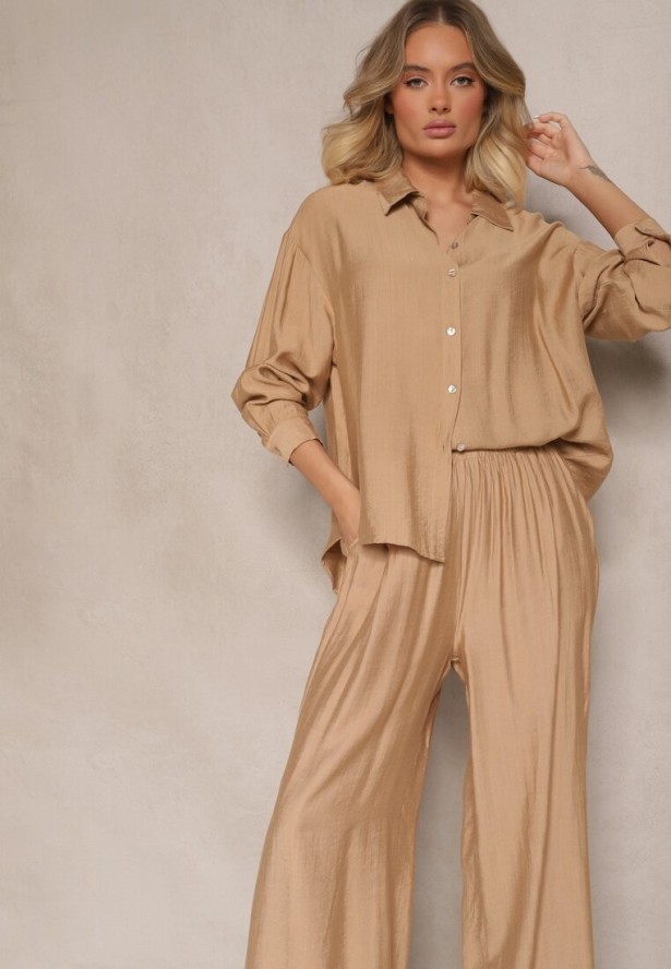 Ciemnobeżowy Komplet z Wiskozy Koszula i Szerokie Spodnie Eleathia