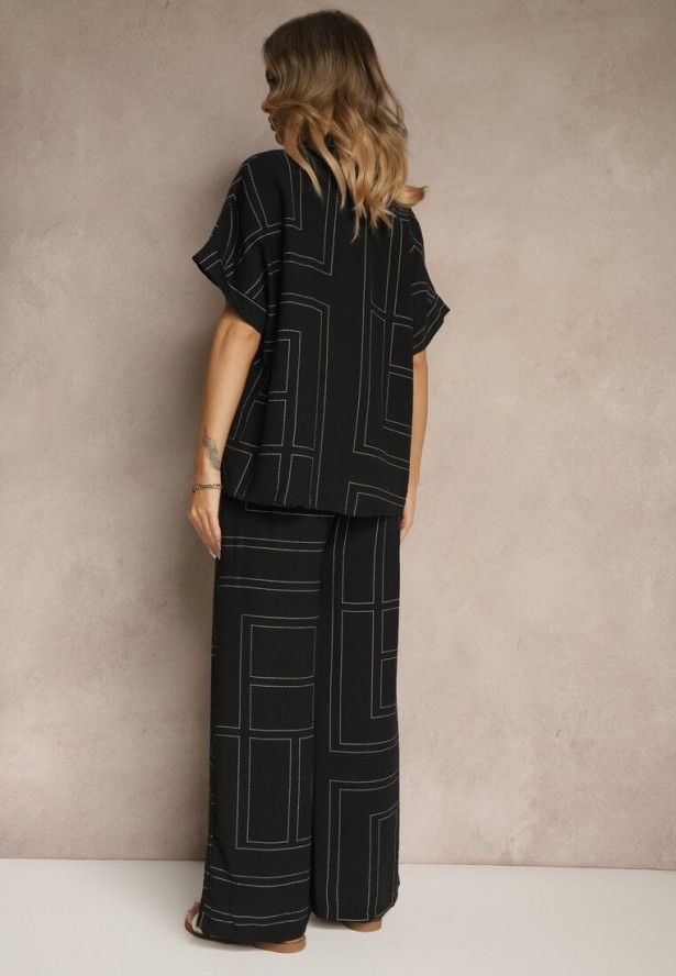 Czarny Komplet z Wiskozą i Lnem Spodnie i Koszula z Geometrycznym Motywem Fevalette