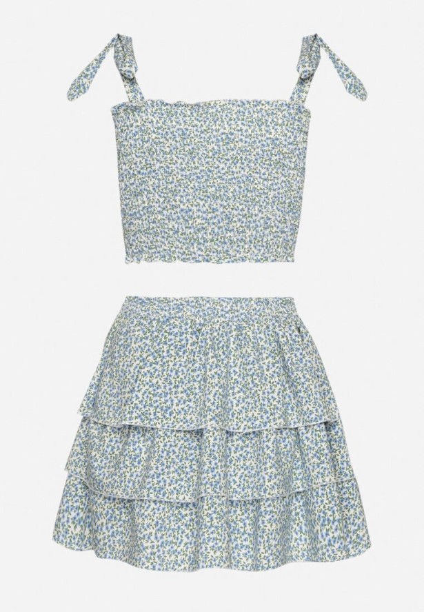 Jasnoniebieski Komplet w Kwiaty Elastyczny Top z Wiązaniami i Rozkloszowana Spódniczka Natilana