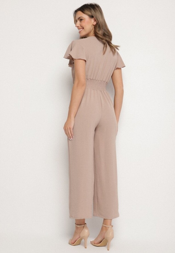 Beżowy Kombinezon z Kopertowym Dekoltem i Szeroką Gumką w Pasie Evimevi