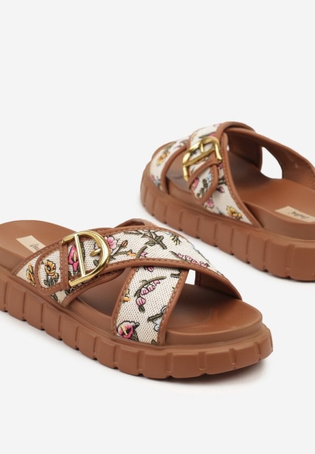 Brązowe Klapki na Grubej Tłoczonej Podeszwie w Kwiaty Dovelle