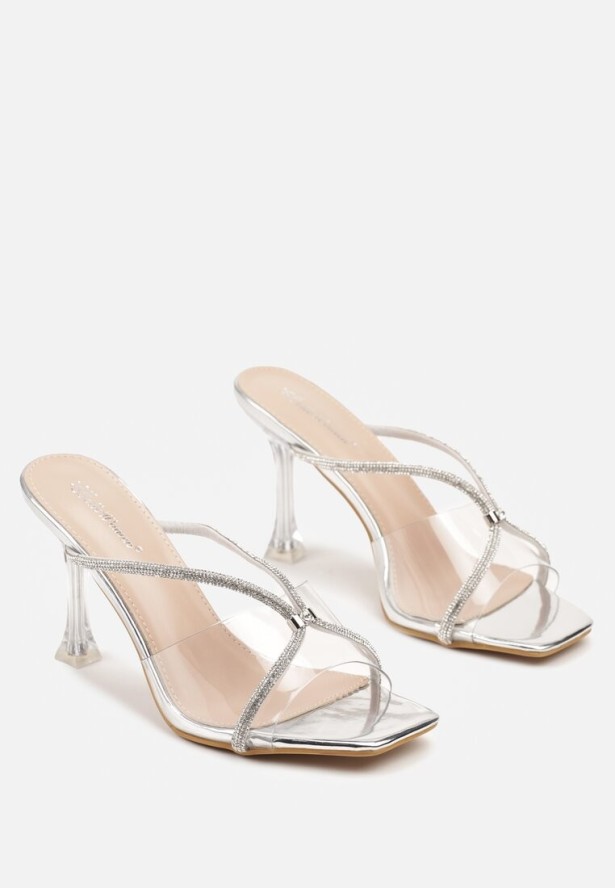 Srebrne Przezroczyste Klapki na Szpilce Ozdobione Cyrkoniami Parresia