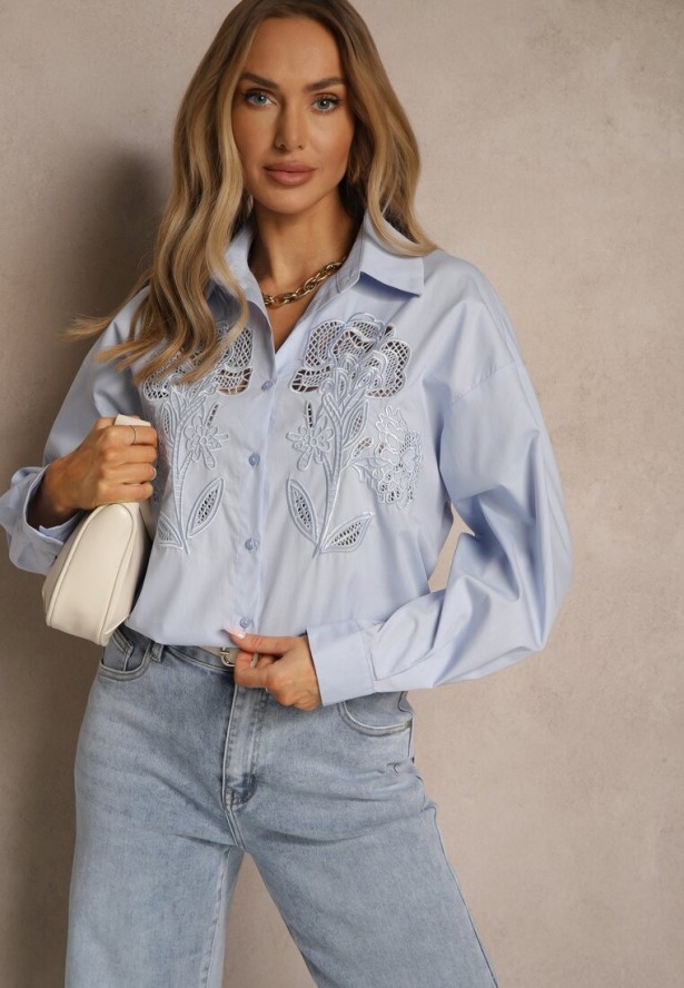 Jasnoniebieska Koszula Oversize z Bawełny z Ażurowymi Zdobieniami z Motywem Kwiatowym Voesia