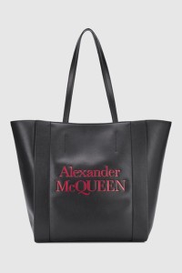 ALEXANDER MCQUEEN Czarna skórzana shopperka z czerwonym logo