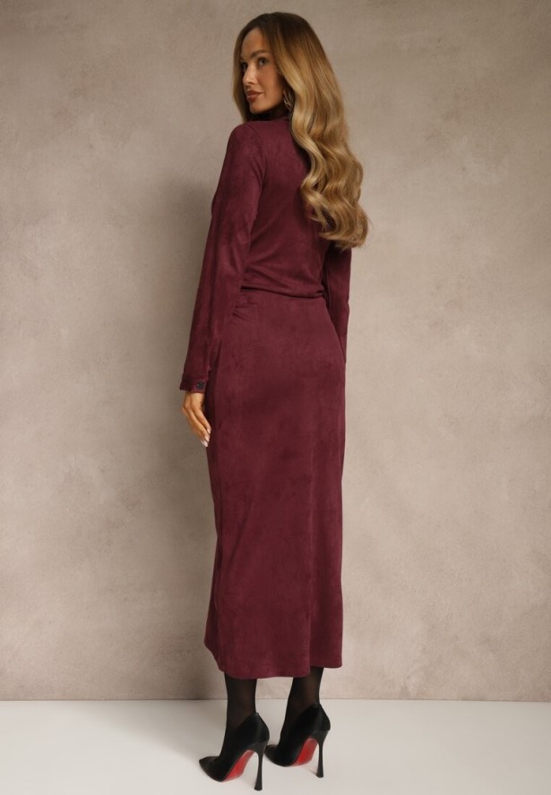Bordowa Marszczona Sukienka z Imitacji Zamszu o Koszulowym Kroju Esora