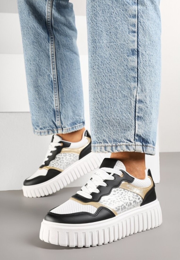 Czarno-Białe Sneakersy na Platformie z Tłoczeniami Zdobione Panterkowym Printem Herraza