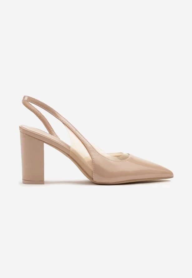 Beżowe Lakierowane Sandały na Obcasie z Odkrytą Piętą Finzedi