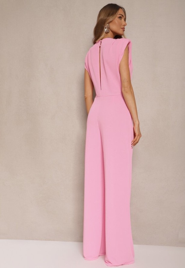 Różowy Kombinezon Bez Rękawów z Szeroką Nogawką i Marszczeniem Sepellia