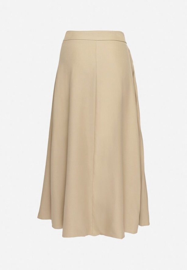 Jasnobeżowa Trapezowa Spódnica Plisowana z Wiskozą Ozdobiona Klamrą Calemi