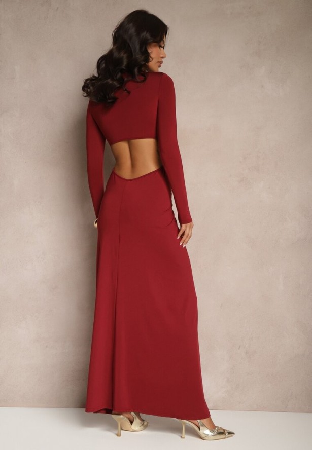 Bordowa Koktajlowa Sukienka z Wiskozą Ozdobiona Kwiatem 3D i Wycięciami Hannith