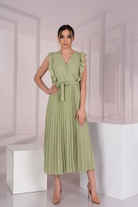 Elegancka Plisowana Sukienka z Kopertowym Dekoltem - Oliwkowa