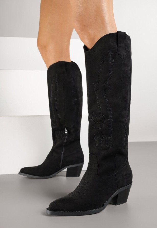 Czarne Klasyczne Kozaki Typu Kowbojki z Imitacji Zamszu Latonassa