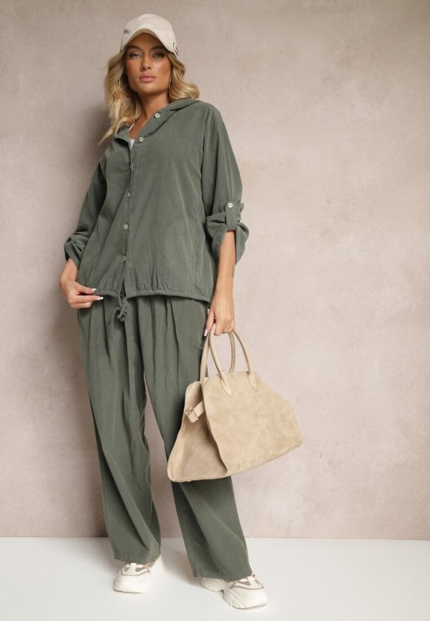 Ciemnozielona Koszula z Bawełny o Luźnym Kroju z Kapturem i Ściągaczem Felanira