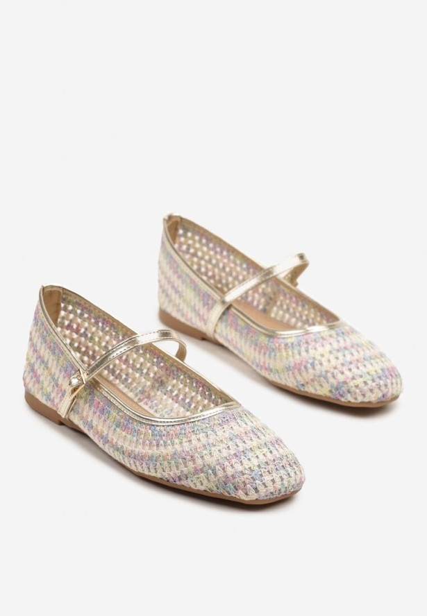 Beżowo-Różowe Balerinki w Stylu Mary Jane z Metaliczną Nicią Ilisalla