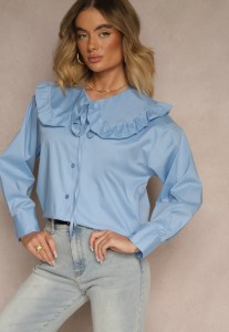 Niebieska Koszula z Bawełny w Stylu Retro z Wiązaniem i Kołnierzykiem z Falbankami Firsela