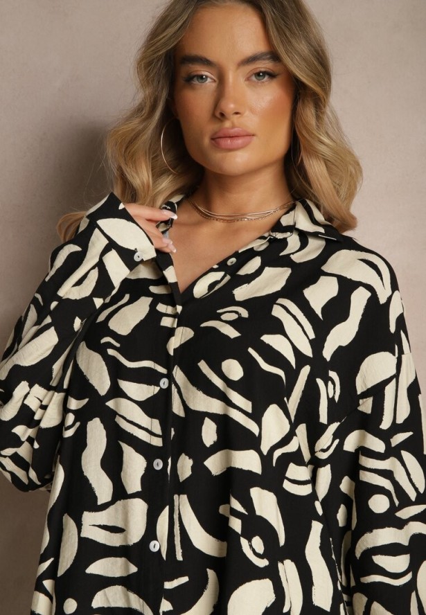 Czarny Komplet z Lnu i Wiskozy Koszula i Spodnie z Abstrakcyjnym Wzorem Paliris