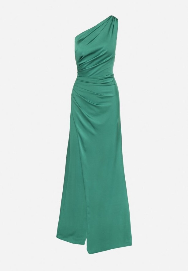 Zielona Sukienka na Jedno Ramię z Marszczeniem i Rozcięciem Talirisa