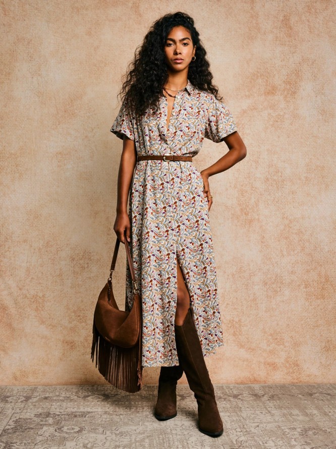 Sukienka damska midi z wiskozy z nadrukiem kremowa Nahai 103