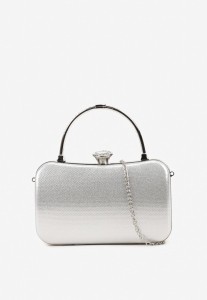 Srebrna Torebka Kopertówka z Rączką i Zapięciem na Zatrzask z Cyrkoniami Heledi