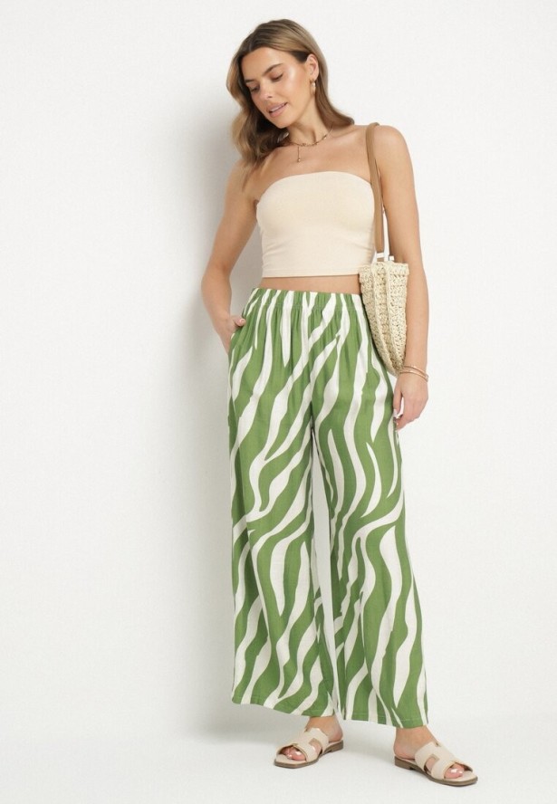 Zielono-Białe Szerokie Spodnie z Wysokim Stanem z Paskami Lisavitia